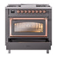 ILVE Nostalgie II 36-Inch Dual Fuel Range with 6 Sealed Burners + Griddle, 3.5 cu. ft. Oven, Graphite Matte with Copper Trim, Liquid Propane, Triple Glass Door, UN36FNMPMGPLP