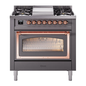 ILVE Nostalgie II 36-Inch Dual Fuel Range with 6 Sealed Burners + Griddle, 3.5 cu. ft. Oven, Graphite Matte with Copper Trim, Natural Gas, Triple Glass Door, UN36FNMPMGP