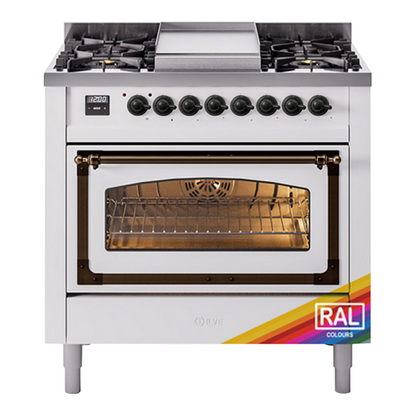 ILVE Nostalgie II 36-Inch Dual Fuel Range with 6 Sealed Burners + Griddle, 3.5 cu. ft. Oven, RAL with Burnished Trim, Liquid Propane, Triple Glass Door, UN36FNMPRABLP