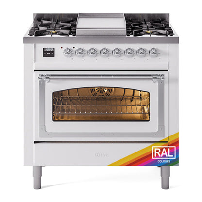 ILVE Nostalgie II 36-Inch Dual Fuel Range with 6 Sealed Burners + Griddle, 3.5 cu. ft. Oven, RAL with Chrome Trim, Liquid Propane, Triple Glass Door, UN36FNMPRACLP
