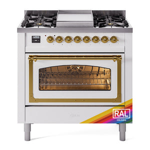 ILVE Nostalgie II 36-Inch Dual Fuel Range with 6 Sealed Burners + Griddle, 3.5 cu. ft. Oven, RAL with Brass Trim, Liquid Propane, Triple Glass Door, UN36FNMPRAGLP