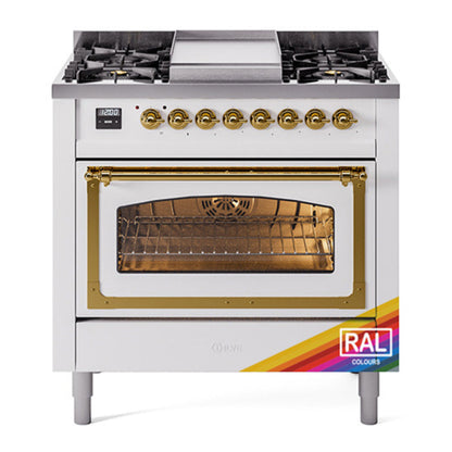 ILVE Nostalgie II 36-Inch Dual Fuel Range with 6 Sealed Burners + Griddle, 3.5 cu. ft. Oven, RAL with Brass Trim, Liquid Propane, Triple Glass Door, UN36FNMPRAGLP