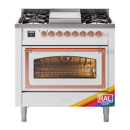 ILVE Nostalgie II 36-Inch Dual Fuel Range with 6 Sealed Burners + Griddle, 3.5 cu. ft. Oven, RAL with Copper Trim, Liquid Propane, Triple Glass Door, UN36FNMPRAPLP