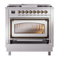 ILVE Nostalgie II 36-Inch Dual Fuel Range with 6 Sealed Burners + Griddle, 3.5 cu. ft. Oven, Stainless Steel with Burnished Trim, Liquid Propane, Triple Glass Door, UN36FNMPSSBLP