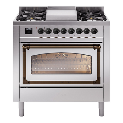 ILVE Nostalgie II 36-Inch Dual Fuel Range with 6 Sealed Burners + Griddle, 3.5 cu. ft. Oven, Stainless Steel with Burnished Trim, Liquid Propane, Triple Glass Door, UN36FNMPSSBLP