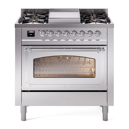 ILVE Nostalgie II 36-Inch Dual Fuel Range with 6 Sealed Burners + Griddle, 3.5 cu. ft. Oven, Stainless Steel with Chrome Trim, Natural Gas, Triple Glass Door, UN36FNMPSSC