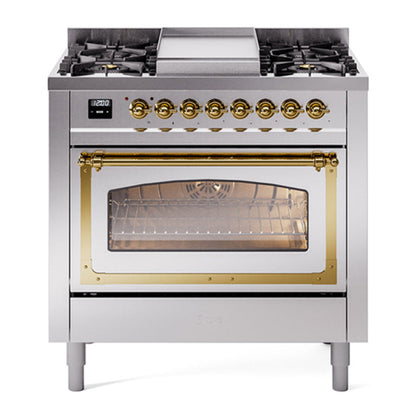 ILVE Nostalgie II 36-Inch Dual Fuel Range with 6 Sealed Burners + Griddle, 3.5 cu. ft. Oven, Stainless Steel with Brass Trim, Natural Gas, Triple Glass Door, UN36FNMPSSG