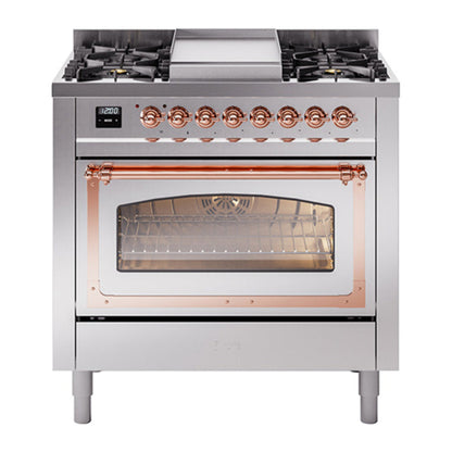 ILVE Nostalgie II 36-Inch Dual Fuel Range with 6 Sealed Burners + Griddle, 3.5 cu. ft. Oven, Stainless Steel with Copper Trim, Liquid Propane, Triple Glass Door, UN36FNMPSSPLP