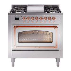 ILVE Nostalgie II 36-Inch Dual Fuel Range with 6 Sealed Burners + Griddle, 3.5 cu. ft. Oven, Stainless Steel with Copper Trim, Natural Gas, Triple Glass Door, UN36FNMPSSP