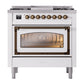ILVE Nostalgie II 36-Inch Dual Fuel Range with 6 Sealed Burners + Griddle, 3.5 cu. ft. Oven, White with Burnished Trim, Liquid Propane, Triple Glass Door, UN36FNMPWHBLP