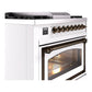ILVE Nostalgie II 36-Inch Dual Fuel Range with 6 Sealed Burners + Griddle, 3.5 cu. ft. Oven, White with Burnished Trim, Liquid Propane, Triple Glass Door, UN36FNMPWHBLP