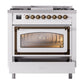 ILVE Nostalgie II 36-Inch Dual Fuel Range with 6 Sealed Burners + Griddle, 3.5 cu. ft. Oven, White with Burnished Trim, Natural Gas, Triple Glass Door, UN36FNMPWHB