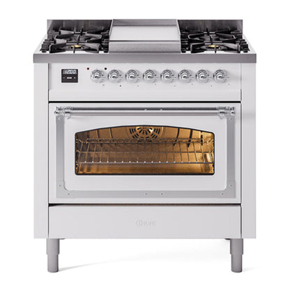 ILVE Nostalgie II 36-Inch Dual Fuel Range with 6 Sealed Burners + Griddle, 3.5 cu. ft. Oven, White with Chrome Trim, Liquid Propane, Triple Glass Door, UN36FNMPWHCLP