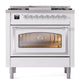 ILVE Nostalgie II 36-Inch Dual Fuel Range with 6 Sealed Burners + Griddle, 3.5 cu. ft. Oven, White with Chrome Trim, Natural Gas, Triple Glass Door, UN36FNMPWHC