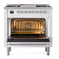 ILVE Nostalgie II 36-Inch Dual Fuel Range with 6 Sealed Burners + Griddle, 3.5 cu. ft. Oven, White with Chrome Trim, Natural Gas, Triple Glass Door, UN36FNMPWHC