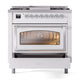 ILVE Nostalgie II 36-Inch Dual Fuel Range with 6 Sealed Burners + Griddle, 3.5 cu. ft. Oven, White with Chrome Trim, Natural Gas, Triple Glass Door, UN36FNMPWHC