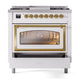 ILVE Nostalgie II 36-Inch Dual Fuel Range with 6 Sealed Burners + Griddle, 3.5 cu. ft. Oven, White with Brass Trim, Liquid Propane, Triple Glass Door, UN36FNMPWHGLP