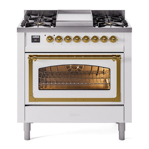 ILVE Nostalgie II 36-Inch Dual Fuel Range with 6 Sealed Burners + Griddle, 3.5 cu. ft. Oven, White with Brass Trim, Liquid Propane, Triple Glass Door, UN36FNMPWHGLP