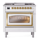 ILVE Nostalgie II 36-Inch Dual Fuel Range with 6 Sealed Burners + Griddle, 3.5 cu. ft. Oven, White with Brass Trim, Natural Gas, Triple Glass Door, UN36FNMPWHG