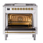 ILVE Nostalgie II 36-Inch Dual Fuel Range with 6 Sealed Burners + Griddle, 3.5 cu. ft. Oven, White with Brass Trim, Natural Gas, Triple Glass Door, UN36FNMPWHG