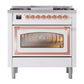 ILVE Nostalgie II 36-Inch Dual Fuel Range with 6 Sealed Burners + Griddle, 3.5 cu. ft. Oven, White with Copper Trim, Liquid Propane, Triple Glass Door, UN36FNMPWHPLP