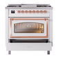 ILVE Nostalgie II 36-Inch Dual Fuel Range with 6 Sealed Burners + Griddle, 3.5 cu. ft. Oven, White with Copper Trim, Liquid Propane, Triple Glass Door, UN36FNMPWHPLP