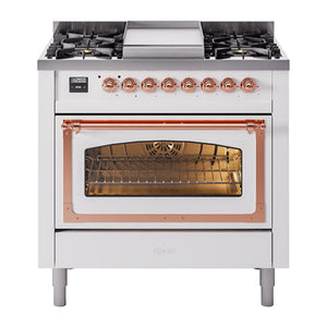 ILVE Nostalgie II 36-Inch Dual Fuel Range with 6 Sealed Burners + Griddle, 3.5 cu. ft. Oven, White with Copper Trim, Liquid Propane, Triple Glass Door, UN36FNMPWHPLP