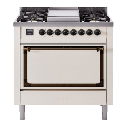 ILVE Nostalgie II 36-Inch Dual Fuel Range with 6 Sealed Burners + Griddle, 3.5 cu. ft. Oven, Antique White with Burnished Trim, Natural Gas, Solid Door, UN36FQNMPAWB