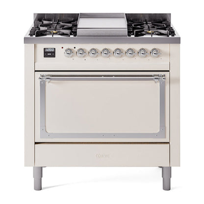 ILVE Nostalgie II 36-Inch Dual Fuel Range with 6 Sealed Burners + Griddle, 3.5 cu. ft. Oven, Antique White with Chrome Trim, Natural Gas, Solid Door, UN36FQNMPAWC