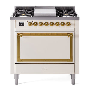 ILVE Nostalgie II 36-Inch Dual Fuel Range with 6 Sealed Burners + Griddle, 3.5 cu. ft. Oven, Antique White with Brass Trim, Liquid Propane, Solid Door, UN36FQNMPAWGLP