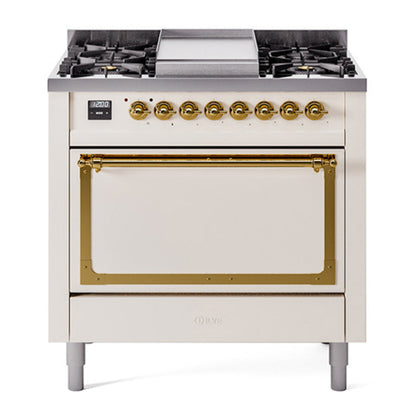 ILVE Nostalgie II 36-Inch Dual Fuel Range with 6 Sealed Burners + Griddle, 3.5 cu. ft. Oven, Antique White with Brass Trim, Natural Gas, Solid Door, UN36FQNMPAWG