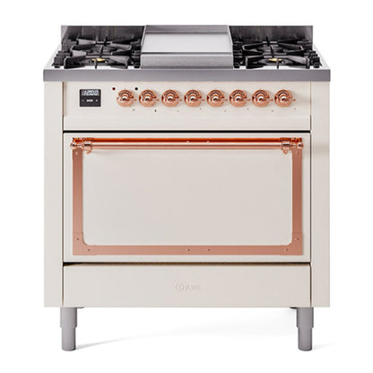 ILVE Nostalgie II 36-Inch Dual Fuel Range with 6 Sealed Burners + Griddle, 3.5 cu. ft. Oven, Antique White with Copper Trim, Natural Gas, Solid Door, UN36FQNMPAWP