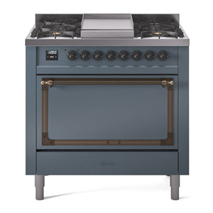 ILVE Nostalgie II 36-Inch Dual Fuel Range with 6 Sealed Burners + Griddle, 3.5 cu. ft. Oven, Blue Grey with Burnished Trim, Liquid Propane, Solid Door, UN36FQNMPBGBLP