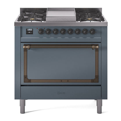 ILVE Nostalgie II 36-Inch Dual Fuel Range with 6 Sealed Burners + Griddle, 3.5 cu. ft. Oven, Blue Grey with Burnished Trim, Liquid Propane, Solid Door, UN36FQNMPBGBLP
