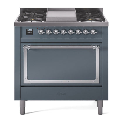 ILVE Nostalgie II 36-Inch Dual Fuel Range with 6 Sealed Burners + Griddle, 3.5 cu. ft. Oven, Blue Grey with Chrome Trim, Liquid Propane, Solid Door, UN36FQNMPBGCLP