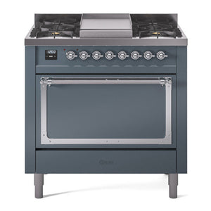 ILVE Nostalgie II 36-Inch Dual Fuel Range with 6 Sealed Burners + Griddle, 3.5 cu. ft. Oven, Blue Grey with Chrome Trim, Natural Gas, Solid Door, UN36FQNMPBGC