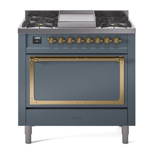 ILVE Nostalgie II 36-Inch Dual Fuel Range with 6 Sealed Burners + Griddle, 3.5 cu. ft. Oven, Blue Grey with Brass Trim, Natural Gas, Solid Door, UN36FQNMPBGG
