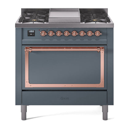 ILVE Nostalgie II 36-Inch Dual Fuel Range with 6 Sealed Burners + Griddle, 3.5 cu. ft. Oven, Blue Grey with Copper Trim, Natural Gas, Solid Door, UN36FQNMPBGP