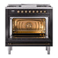 ILVE Nostalgie II 36-Inch Dual Fuel Range with 6 Sealed Burners + Griddle, 3.5 cu. ft. Oven, Glossy Black with Burnished Trim, Natural Gas, Solid Door, UN36FQNMPBKB