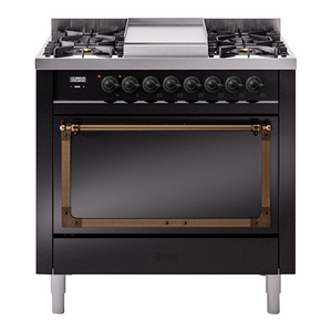 ILVE Nostalgie II 36-Inch Dual Fuel Range with 6 Sealed Burners + Griddle, 3.5 cu. ft. Oven, Glossy Black with Burnished Trim, Natural Gas, Solid Door, UN36FQNMPBKB