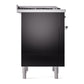 ILVE Nostalgie II 36-Inch Dual Fuel Range with 6 Sealed Burners + Griddle, 3.5 cu. ft. Oven, Glossy Black with Chrome Trim, Natural Gas, Solid Door, UN36FQNMPBKC