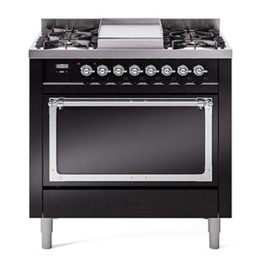 ILVE Nostalgie II 36-Inch Dual Fuel Range with 6 Sealed Burners + Griddle, 3.5 cu. ft. Oven, Glossy Black with Chrome Trim, Natural Gas, Solid Door, UN36FQNMPBKC
