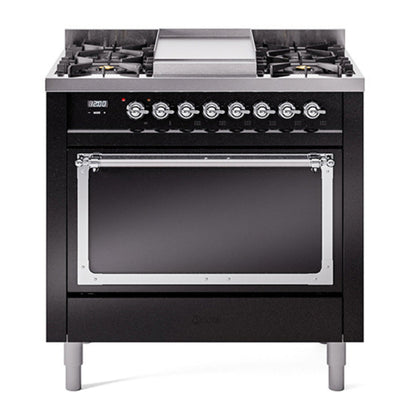 ILVE Nostalgie II 36-Inch Dual Fuel Range with 6 Sealed Burners + Griddle, 3.5 cu. ft. Oven, Glossy Black with Chrome Trim, Natural Gas, Solid Door, UN36FQNMPBKC
