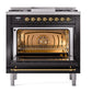 ILVE Nostalgie II 36-Inch Dual Fuel Range with 6 Sealed Burners + Griddle, 3.5 cu. ft. Oven, Glossy Black with Brass Trim, Liquid Propane, Solid Door, UN36FQNMPBKGLP