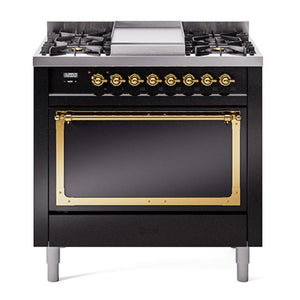 ILVE Nostalgie II 36-Inch Dual Fuel Range with 6 Sealed Burners + Griddle, 3.5 cu. ft. Oven, Glossy Black with Brass Trim, Natural Gas, Solid Door, UN36FQNMPBKG