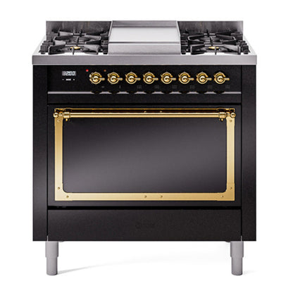 ILVE Nostalgie II 36-Inch Dual Fuel Range with 6 Sealed Burners + Griddle, 3.5 cu. ft. Oven, Glossy Black with Brass Trim, Natural Gas, Solid Door, UN36FQNMPBKG