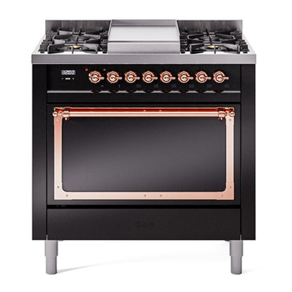 ILVE Nostalgie II 36-Inch Dual Fuel Range with 6 Sealed Burners + Griddle, 3.5 cu. ft. Oven, Glossy Black with Copper Trim, Liquid Propane, Solid Door, UN36FQNMPBKPLP