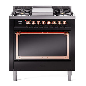 ILVE Nostalgie II 36-Inch Dual Fuel Range with 6 Sealed Burners + Griddle, 3.5 cu. ft. Oven, Glossy Black with Copper Trim, Natural Gas, Solid Door, UN36FQNMPBKP