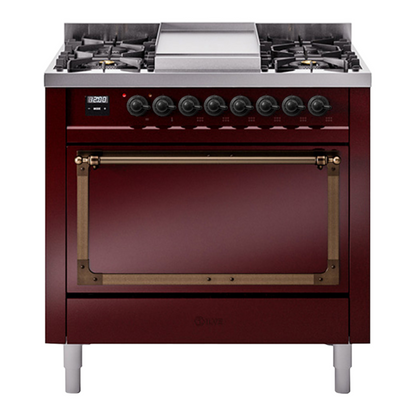 ILVE Nostalgie II 36-Inch Dual Fuel Range with 6 Sealed Burners + Griddle, 3.5 cu. ft. Oven, Burgundy with Burnished Trim, Natural Gas, Solid Door, UN36FQNMPBUB