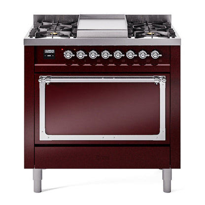ILVE Nostalgie II 36-Inch Dual Fuel Range with 6 Sealed Burners + Griddle, 3.5 cu. ft. Oven, Burgundy with Chrome Trim, Liquid Propane, Solid Door, UN36FQNMPBUCLP